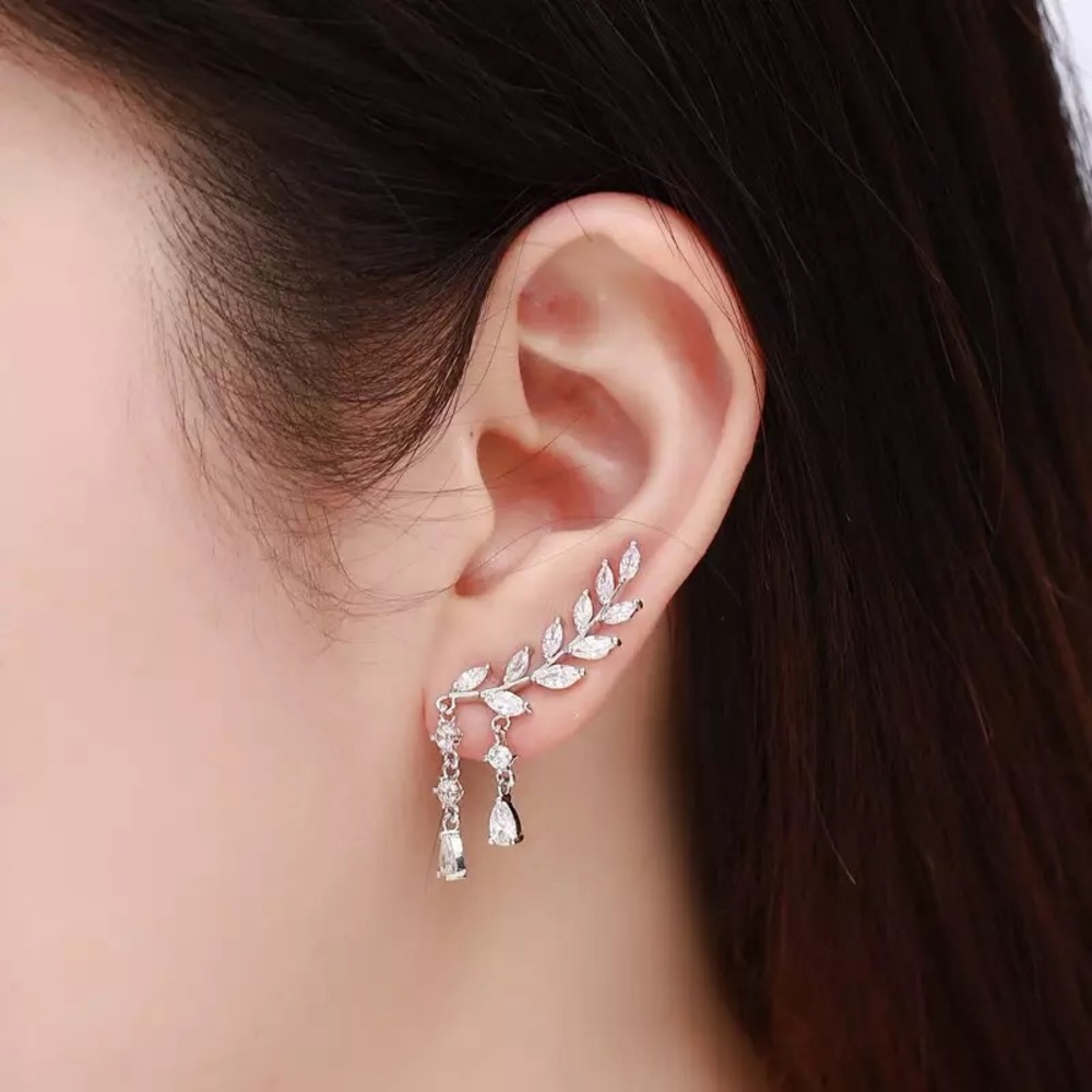“Athena” Goddess Diamond Leaf Climber/Crawler Waterfall Crystal Bohemian Earring - Picture 9 of 9